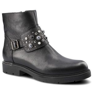 Botki damskie Carinii, ze skóry naturalnej i na płaskiej podeszwie, czarne, B4483_-J23-000-POL-D06. Czarne botki Carinii, bez wzorów, z jeansu, bez obcasa, na płaskiej podeszwie, bez zapięcia. Za 329,00 zł.