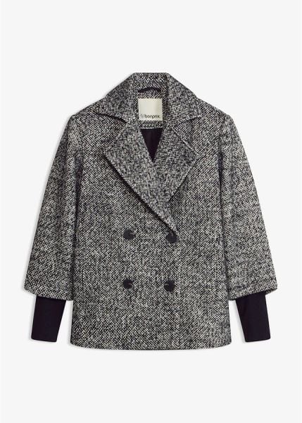 Kurtka bosmanka w optyce tweedu z rekawami z dzianiny. Czarne kurtki bonprix, bez wzorów, z dzianiny, bez kaptura. Za 269,99 zł.