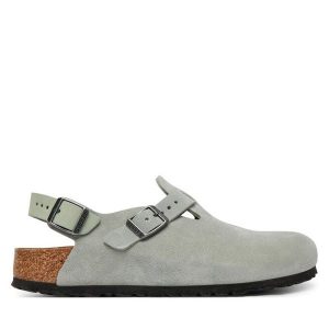 Sandały Birkenstock. Szare sandały Birkenstock, bez wzorów, bez obcasa, na płaskiej podeszwie, bez zapięcia. Za 582,99 zł.