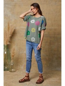 Joséfine Koszulka "Aphrodite" w kolorze khaki ze wzorem rozmiar: XL. Brązowe bluzki Joséfine, xl, bez wzorów, z bawełny, bez kołnierzyka, bez ramiączek. Za 118,56 zł.