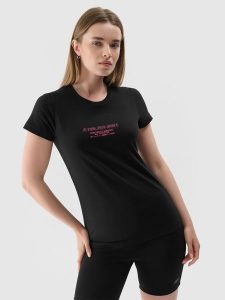 4F T-shirt slim z nadrukiem damski - czarny S. Czarne t-shirty 4f, s, bez wzorów, z dzianiny, bez kołnierzyka, bez ramiączek. Za 69,99 zł.