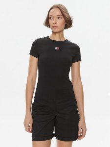 Tommy Jeans T-Shirt DW0DW17881 Czarny Slim Fit. Czarne t-shirty Tommy Jeans, xs, bez wzorów, z bawełny, bez kołnierzyka, bez ramiączek. Za 139,99 zł.