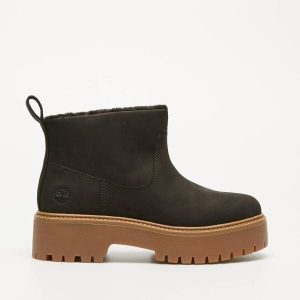 Timberland STONE STREET MID WARM LINED BOOT BLACK NUBUCK Botki damskie. Czarne botki Timberland, bez wzorów, z nubiku, bez obcasa, bez zapięcia. Za 429,99 zł.
