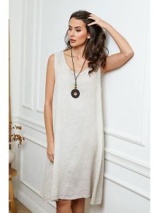 Fleur de Lin Lniana sukienka "Hemar" w kolorze beżowym rozmiar: XL. Brązowe sukienki Fleur de Lin, na co dzień, xl, bez wzorów, ze lnu, bez kołnierzyka, bez ramiączek, midi, proste. Za 127,65 zł.