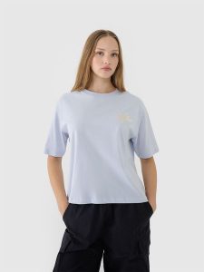 4F T-shirt oversize z nadrukiem damski - niebieski L. Niebieskie t-shirty 4f, l, bez wzorów, z bawełny, bez kołnierzyka, bez ramiączek. W wyprzedaży za 39,99 zł.