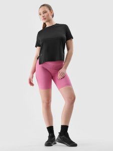 4F Legginsy kolarki treningowe z materiału z recyklingu damskie - różowe S. Czerwone legginsy 4f, bez wzorów, z dzianiny, z podwyższonym stanem. W wyprzedaży za 59,99 zł.