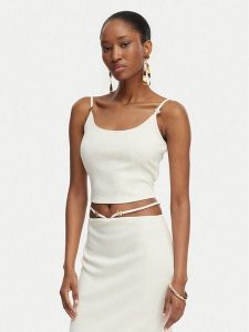 Guess Top E6GP01 KG322 Kremowy Slim Fit. Białe topy Guess, s, z aplikacjami, z syntetyku, bez kołnierzyka, bez ramiączek. Za 174,99 zł.