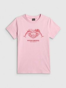 4F T-shirt regular z nadrukiem damski - różowy XS. Czerwone t-shirty 4f, xs, bez wzorów, z bawełny, bez kołnierzyka, bez ramiączek. Za 59,99 zł.