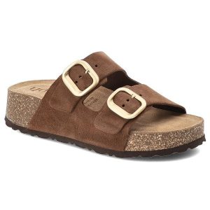 Klapki damskie Yokono, cholewka ze skóry naturalnej zamszowej z dwoma szerokimi paskami z regulacją na metalowe klamry, brązowe, Wiwi-003. Brązowe klapki Yokono, bez wzorów, ze skóry, bez obcasa. Za 239,00 zł.