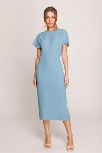 Elegancka sukienka ołówkowa z dekoltem V z tyłu niebieska. Niebieskie sukienki Stylove, na imprezę, l, bez wzorów, eleganckie, bez kołnierzyka, bez ramiączek, ołówkowe. Za 189,00 zł.