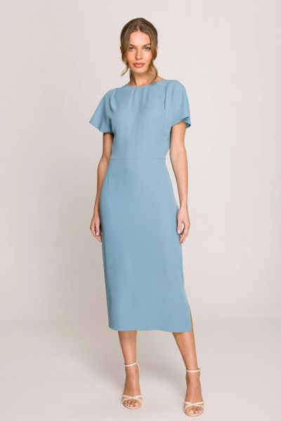 Elegancka sukienka ołówkowa z dekoltem V z tyłu niebieska. Niebieskie sukienki Stylove, na imprezę, l, bez wzorów, eleganckie, bez kołnierzyka, bez ramiączek, ołówkowe. Za 329,00 zł.