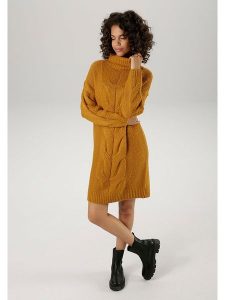 Aniston Sukienka dzianinowa w kolorze karmelowym rozmiar: 42. Brązowe sukienki Aniston, na co dzień, bez wzorów, z dzianiny, bez kołnierzyka, bez ramiączek, mini, proste. Za 52,42 zł.
