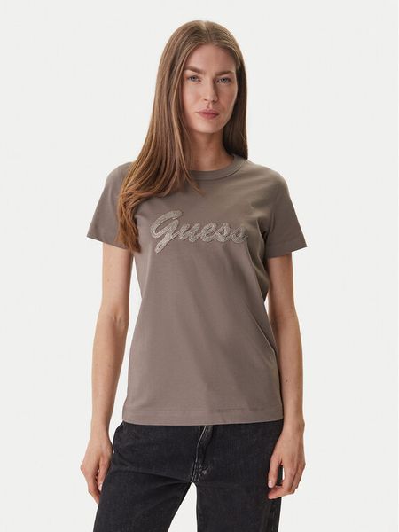Guess T-Shirt W6GI08 K3023 Brązowy Regular Fit. Brązowe t-shirty Guess, l, z aplikacjami, z bawełny, bez kołnierzyka, bez ramiączek. Za 229,99 zł.