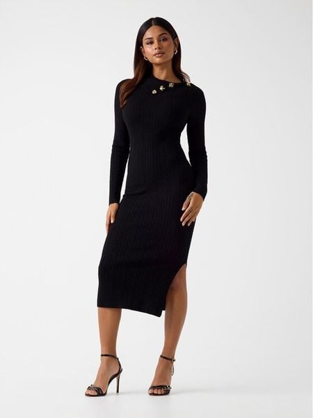Guess Sukienka dzianinowa W6RK01 Z2YJ2 Czarny Regular Fit. Czarne sukienki Guess, s, z aplikacjami, z dzianiny, bez kołnierzyka, bez ramiączek. Za 362,99 zł.