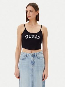 Guess Top V5GP16 K8RT2 Czarny Regular Fit. Czarne topy Guess, s, z aplikacjami, z wiskozy, bez kołnierzyka, bez ramiączek. Za 89,99 zł.