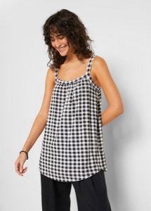 Top w fasonie o linii litery A, w kratę. Czarne topy bonprix, bez wzorów, bez kołnierzyka, bez ramiączek. Za 59,99 zł.