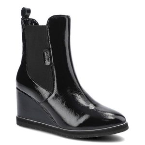 Czarne Botki Libero Damskie Buty Na Koturnie. Czarne botki Libero, bez wzorów, z gumy, bez obcasa, na koturnie, bez zapięcia. Za 269,00 zł.