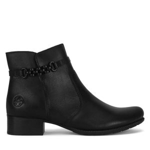 Botki Rieker. Czarne botki Rieker, bez wzorów, bez obcasa, na słupku, bez zapięcia. Za 389,99 zł.