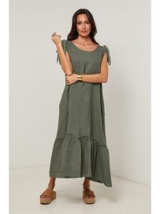 Le Monde du Lin Lniana sukienka w kolorze khaki rozmiar: 34/36. Brązowe sukienki Le Monde du Lin, bez wzorów, ze lnu, bez kołnierzyka, bez ramiączek, maxi. Za 173,99 zł.