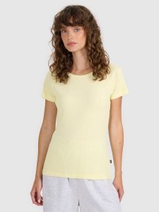 4F T-shirt regular z prążkowanej dzianiny damski - żółty M. Żółte t-shirty 4f, m, bez wzorów, z bawełny, bez kołnierzyka, bez ramiączek. Za 49,99 zł.