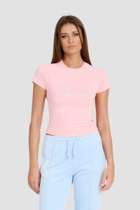 JUICY COUTURE Różowy t-shirt Retroshrunken Tee. Czerwone t-shirty Juicy Couture, s, bez wzorów, bez kołnierzyka, bez ramiączek. W wyprzedaży za 128,99 zł.