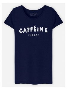 WOOOP Koszulka "Caffeine Please" w kolorze granatowym rozmiar: M. Niebieskie bluzki Wooop, m, bez wzorów, z bawełny, bez kołnierzyka, bez ramiączek. Za 56,99 zł.