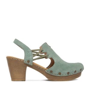 Półbuty Rieker. Zielone czółenka Rieker, bez wzorów, bez obcasa, na obcasie, bez zapięcia. Za 339,99 zł.