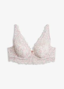 Biustonosz z usztywnianymi miseczkami z koronką we wzór w kwiaty. Białe biustonosze bonprix, bez wzorów, z koronki. Za 37,99 zł.