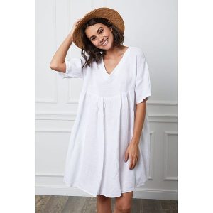 Fleur de Lin Lniana sukienka "Etsy" w kolorze białym rozmiar: L. Białe sukienki Fleur de Lin, l, bez wzorów, ze lnu, bez kołnierzyka, bez ramiączek, mini. Za 186,95 zł.
