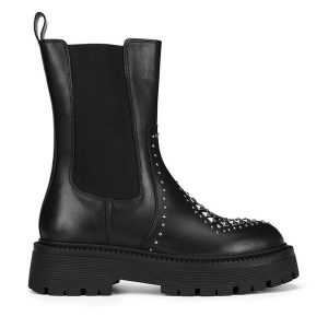 Botki Eva Minge. Czarne botki Eva Minge, bez wzorów, bez obcasa, na płaskiej podeszwie, bez zapięcia. Za 384,99 zł.