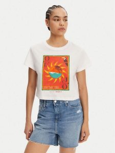 Roxy T-Shirt ERJZT05921 Biały Relaxed Fit. Białe t-shirty Roxy, xs, bez wzorów, z bawełny, bez kołnierzyka, bez ramiączek. Za 89,99 zł.