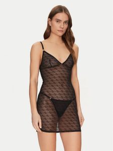 Guess Koszula nocna O5RX02 KCLB0 Czarny Slim Fit. Czarne koszule nocne Guess, z aplikacjami, z syntetyku, bez ramiączek. Za 129,99 zł.