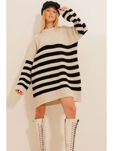 Trend Alacati Sukienka dzianinowa w kolorze beżowo-czarnym rozmiar: onesize. Brązowe sukienki Trend Alacati, bez wzorów, z dzianiny, bez kołnierzyka, bez ramiączek, mini. Za 87,81 zł.