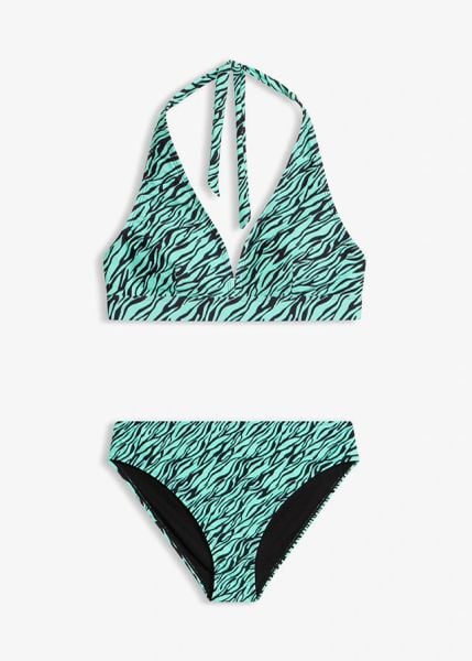 Szybkoschnące bikini z dekoltem typu halter (2 części). Zielone bikini bonprix, bez wzorów. Za 97,99 zł.