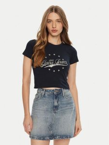 Guess Jeans T-Shirt W5RI59 J1314 Granatowy Regular Fit. Niebieskie t-shirty Guess Jeans, s, z aplikacjami, z bawełny, bez kołnierzyka, bez ramiączek. Za 89,99 zł.
