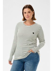 KAFFE curve Koszulka "Clia" w kolorze zielono-kremowym rozmiar: XL. Brązowe bluzki KAFFE curve, xl, bez wzorów, bez kołnierzyka, bez ramiączek. Za 104,99 zł.