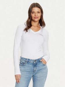 Guess Jeans Bluzka W4YI21 J1314 Biały Slim Fit. Białe bluzki Guess Jeans, l, z aplikacjami, z bawełny, bez kołnierzyka, bez ramiączek. Za 109,99 zł.