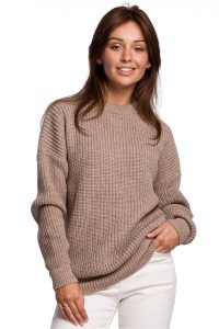 Sweter z grubą przędzą o łańcuszkowym splocie beżowy. Brązowe długie swetry Polskie swetry, na zimę, l, z materiału, bez kołnierzyka. Za 259,00 zł.