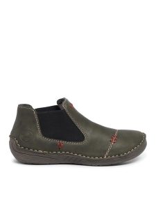 Rieker Sztyblety 52590-54 Khaki. Brązowe botki Rieker, bez wzorów, ze skóry, bez obcasa, na płaskiej podeszwie, bez zapięcia. Za 269,99 zł.