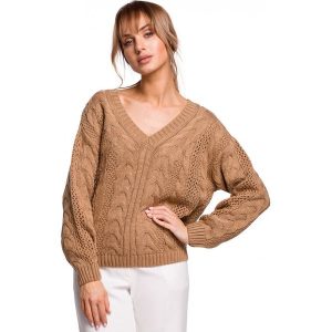 Lekki sweter damski ażurowy z dekoltem V splot w warkocz beżowy. Brązowe swetry klasyczne Polskie swetry, l, z dzianiny, bez kołnierzyka. Za 245,00 zł.