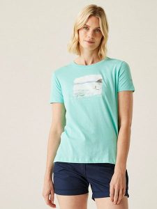 Regatta Koszulka "Filandra IX" w kolorze turkusowym rozmiar: 40. Niebieskie bluzki Regatta, bez wzorów, z bawełny, bez kołnierzyka, bez ramiączek. Za 39,40 zł.