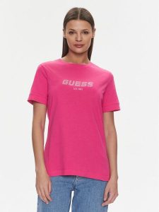 Guess T-Shirt Eleanora V4RI10 K8HM4 Różowy Regular Fit. Czerwone t-shirty Guess, xxs, z aplikacjami, z bawełny, bez kołnierzyka, bez ramiączek. Za 169,99 zł.