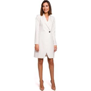 Ecru Elegancka Żakietowa Sukienka na Jeden Guzik. Brązowe sukienki MOE, l, bez wzorów, z elastanu, eleganckie, bez kołnierzyka, bez ramiączek. Za 273,90 zł.