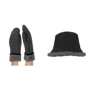 Rękawiczki damskie i kapelusz typu bucket zamszowe czarne Jeden rozmiar. Czarne kapelusze SARLINI, bez wzorów, z materiału, eleganckie. Za 197,80 zł.