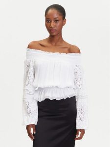Guess Bluzka W5GH0S WE550 Biały Regular Fit. Białe bluzki Guess, s, z aplikacjami, z wiskozy, bez kołnierzyka, bez ramiączek. Za 359,99 zł.