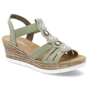 Zielone Sandały Rieker Eleganckie Obuwie Damskie Na Koturnie. Zielone sandały Rieker, z aplikacjami, bez obcasa, na koturnie, bez zapięcia. Za 319,00 zł.