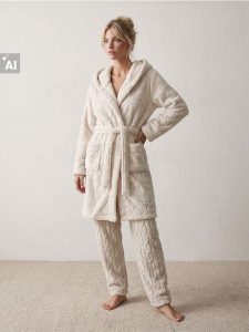 Polarowy szlafrok z kapturem i tłoczonym wzorem serc - kremowy. Białe szlafroki Sinsay, l, bez wzorów, z polaru, z kapturem. Za 79,99 zł.
