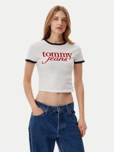 Tommy Jeans T-Shirt Script Ringer DW0DW20631 Écru Slim Fit. T-shirty Tommy Jeans, xs, bez wzorów, z bawełny, bez kołnierzyka, bez ramiączek. Za 129,99 zł.