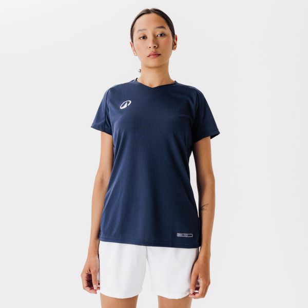 Koszulka do piłki nożnej damska Kipsta Viralto. Niebieskie bluzki KIPSTA, l, bez wzorów, z materiału, sportowe, bez kołnierzyka, bez ramiączek. Za 54,99 zł.