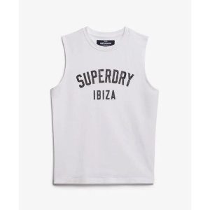 Damski tank top Superdry. Białe topy Superdry, bez wzorów, bez kołnierzyka, bez ramiączek. W wyprzedaży za 126,95 zł.